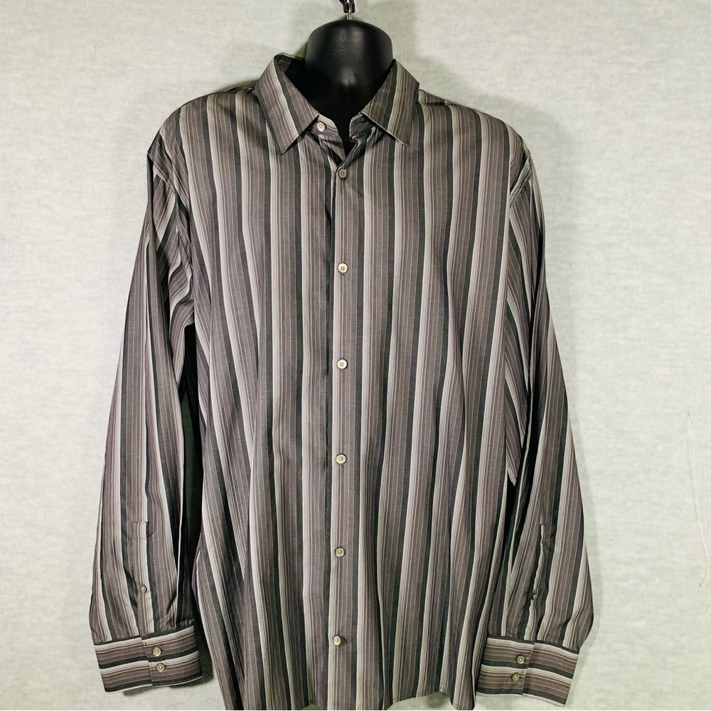 Calvin Klein Men’s Gray Stripe Button Down 100% Cotton Long Sleeve Shirt SZ XXL